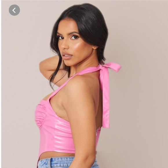 Pink faux leather ruched halter corset - Picture 3 of 5